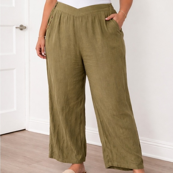 Pants - Olive Green 100% Linen Wide Leg Pants 1X High Waist Lightweight Summer Trousers